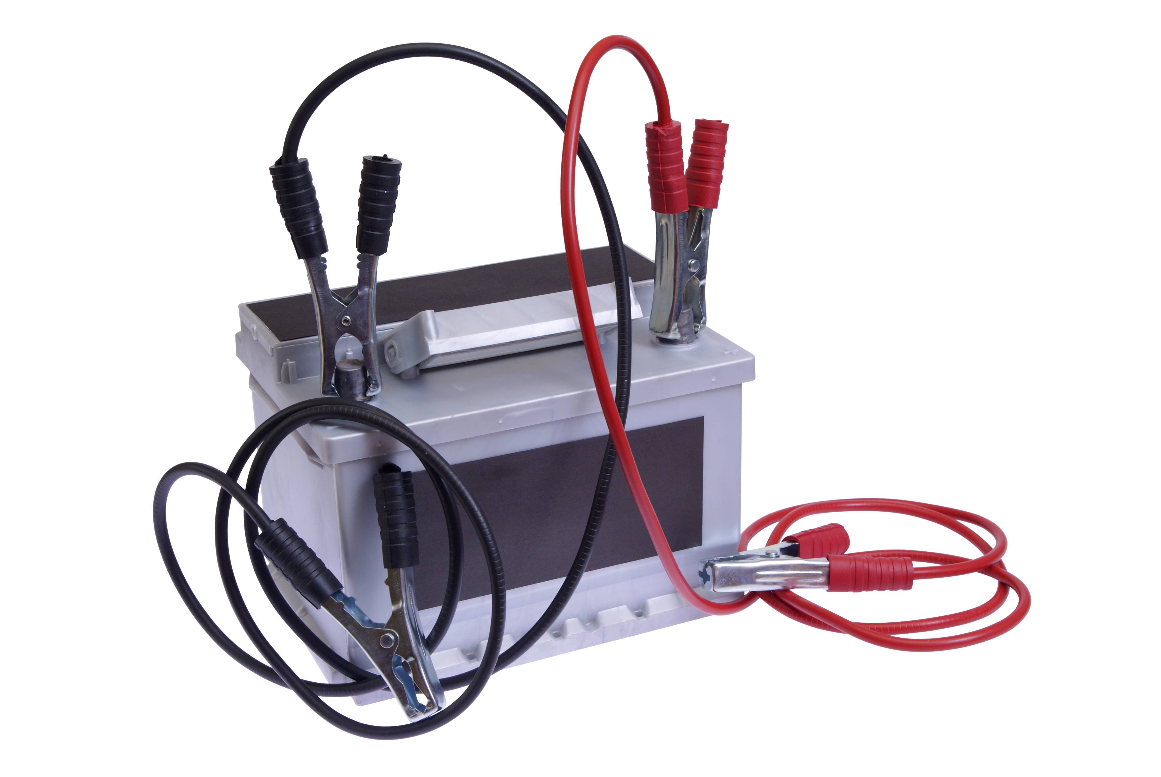 image of battery with diagnostic cables attached to terminals.