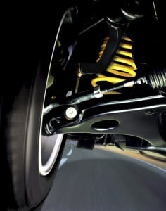 Picture under car of shocks, struts, control arm, wheel, tire