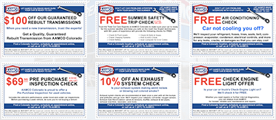 image of coupons lineup for special savings on aamco colorado transmission and auto repair services.
