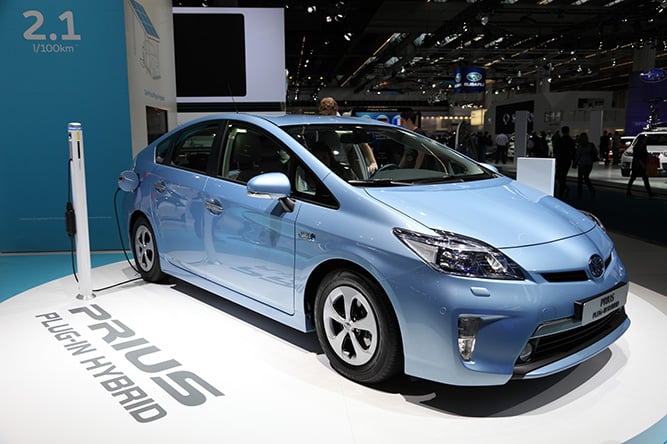 prius plug in hybrid car in showroom